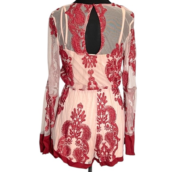 MINIPINK Burgundy Sheer Mesh Romper Bell Sleeve Boho Festival Floral Size Small - Picture 13 of 16